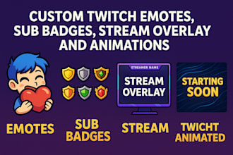design custom twitch emotes, sub badges, stream overlay and vtuber overlay, ref
