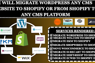 build shopify website, migrate wordpress website, wix, etsy to shopify migration