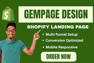 setup funnel with gempages design, shopify landing page, or single website page