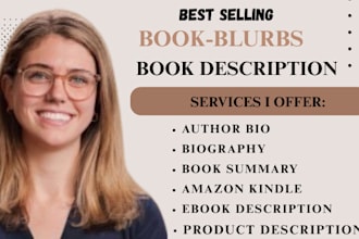 write SEO optimized book description, book blurb, author bio, biography