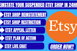 reinstate suspended etsy account, etsy appeal letter, etsy shop reopen in 24hrs