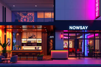 do realistic 3d lounge bar interior an exterior design, nightclub