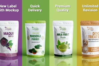 do product packaging, pouch and bag design with food label and 3d mockup
