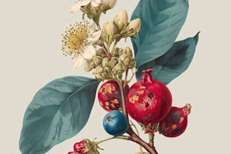 paint botanical illustration of plants, fruits, flowers