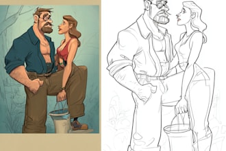 sketch, line art and color cartoon illustration