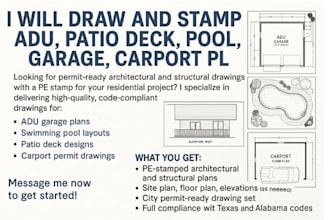 draw and pe stamp adu garage, patio deck, swimming pool and carport plans