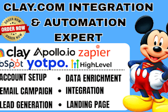 setup clay com, hubspot crm, apollo io, yotpo, ghl, data enrichment zapier zoho