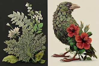 draw an animal and botanical illustration