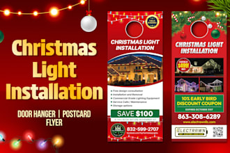 design christmas light installation door hanger, eddm postcard and flyer design