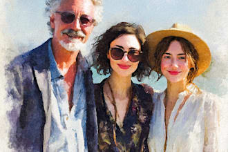 paint a family portrait into a digital watercolor painting with oil painting