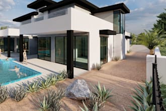 3d residential facade design,landscape rendering,car lot,pool patio,wall design