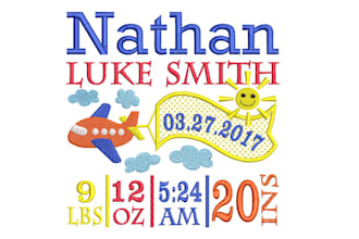 personalized baby boy plane birth announcement embroidery