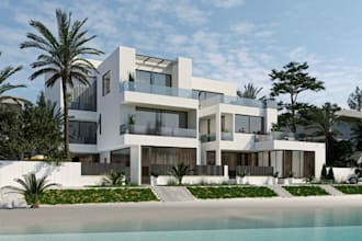 renew 3d villa resort park,luxury apartment,chalet exterior,enscape render,revit
