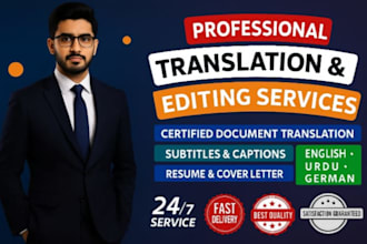 translate documents, resumes, websites, and videos in english, urdu, or german