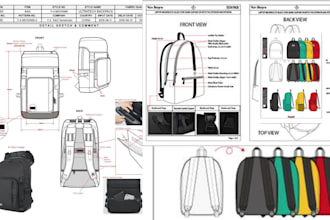 design industrial bag and backpack tech pack with flat sketch