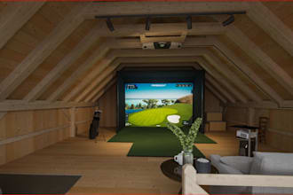 recreate 3d attic golf simulator,wood furniture,golf course,golf interior render