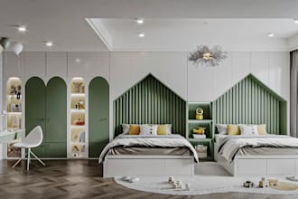 design 3d modern baby room,cozy interior,baby crib,wardrope,furniture layout