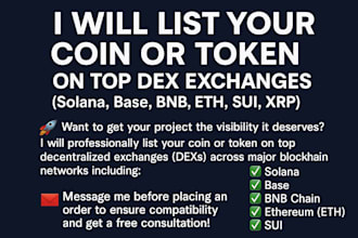 list solana, base, bnb, eth, sui, xrp coin or token on top dex exchanges