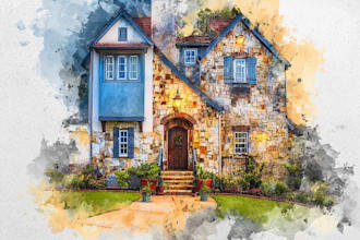 create house and building photo into watercolor art