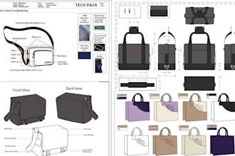 create fashion backpack tech pack and bag tech pack with technical drawings