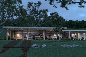 renovate 3d forest house,villa exterior design, carona render, natural lightning
