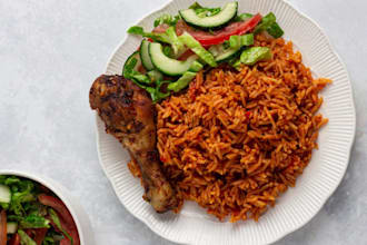 teach you how to prepare african jollof rice and fried chicken and beef