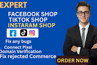 set up facebook shop, tiktok, instagram shop, fixmeta pixel , shopify and etsy