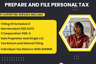 prepare and efile US personal and business taxes 1040, 1120s, 1065, 1120c