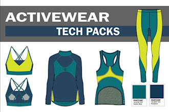 create activewear and sportswear tech packs, fashion flats, and apparel design