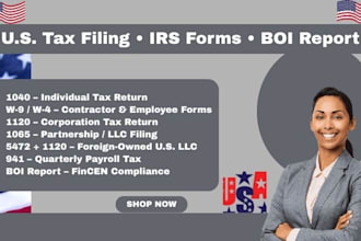 prepare USA tax returns file form 941 1040 w9 w4 1120 1065 boi report
