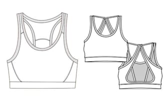 develop a complete yoga sport bra techpack with flat sketches, size charts