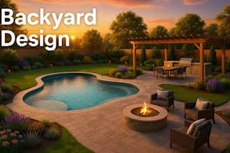 design backyard landscape, patio, pool garden 3d render landscape architect