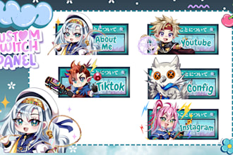 design twitch panels, twitch banner, overlay, vtuber logo, sub badges for stream