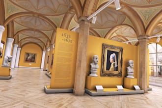 design a 3d cgi engine for art museum, gallery space, and engine room