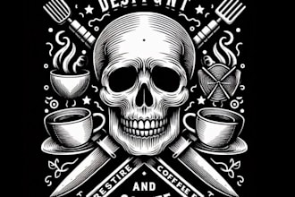 do skull hand drawn t shirt restaurant and coffee shop logo
