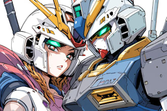draw anime gundam transformers robot and friendship portrait