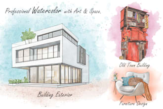 do professional watercolor of building interior and exterior