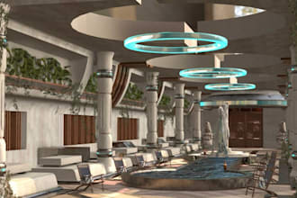 design hotel, gym, lobby, lounge, residence, interiors with 3d visualization