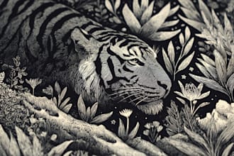 illustrate botanical and animal linocut vector illustration