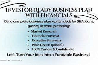 write winning startup business plan, pitch deck for funding, sba loan, investors