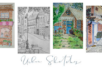 create handmade sketch and watercolor of house and buildings