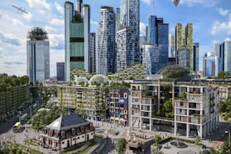 create 3d futuristic city, cityscape design, landscape garden,beach front render