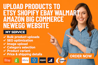 upload products to etsy shopify ebay walmart amazon big commerce newegg website