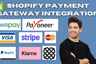 setup payment gateway,for shopify,stripe,paypal,klarna,woocommerce,crypto app