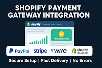 integrate shopify payment gateway, paypal, stripe wise, klarna, shopify balance