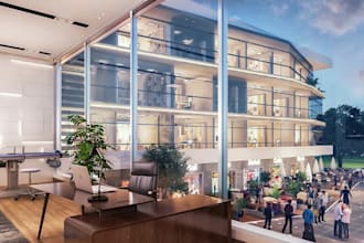 renew mixed used building,commercial exterior,retail complex,car park,cgi render