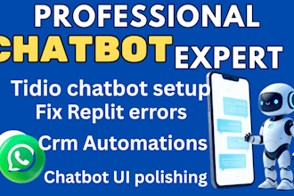 setup tidio intercom chatbot, fix zendesk, replit errors and CRM automations