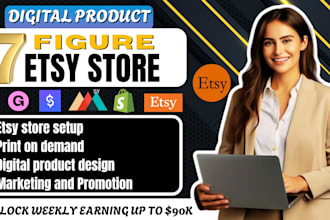 setup 7 figure etsy digital store stan store  design etsy print on demand, pod