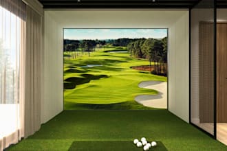render golf landscape design,gym house,fitness cgi,commercial space,8k rendering