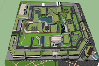 model and animate masterplan, 3d site urban townhouse plan, park, subdivision